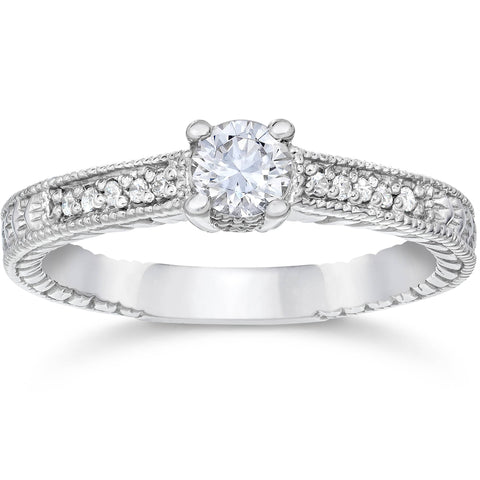 1/2ct Vintage Round Brilliant Cut Diamond Engagement Ring 14K White Gold