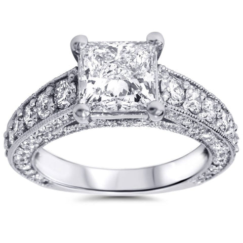 3 3/4ct Princess Cut Enhanced Diamond Engagement Ring Vintage 14K White Gold