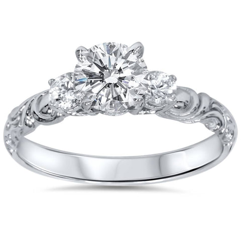 3/4 ct Vintage 3 Stone Art Deco Round Diamond Engagement Ring 14K White Gold