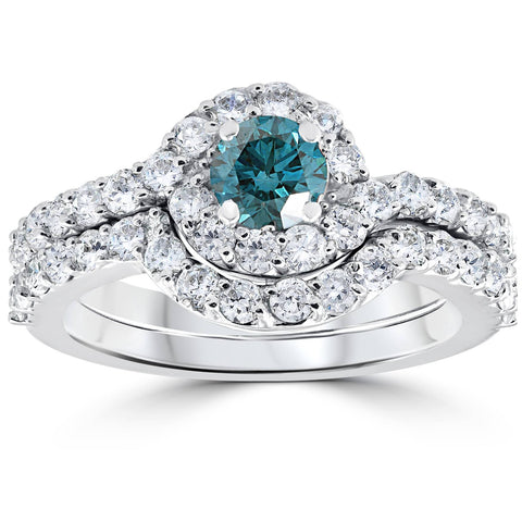 1 1/2ct Treated Blue Diamond Engagement Halo Curve Ring Set 10K White Gold