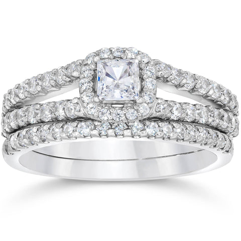 1 Carat Princess Cut Diamond Halo Engagement Wedding Ring Set White Gold