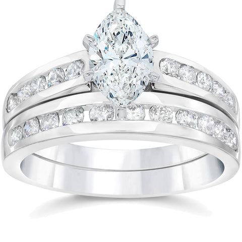 2 Carat Marquise Enhanced Diamond Engagement Wedding Ring Set White Gold 14k