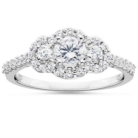 7/8 Carat 3-Stone Halo Diamond Anniversary Engagement Ring Solitaire White Gold