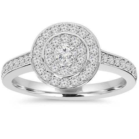 1/2ct Double Halo Round Diamond Engagement Ring 10K White Gold