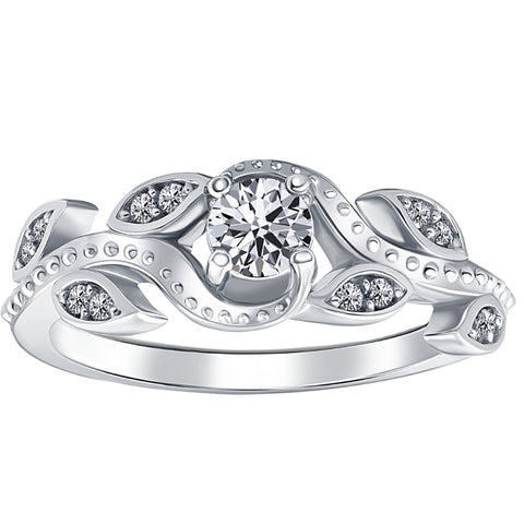 3/8ct Vintage Floral Leaf Diamond Engagement Ring 14K White Gold