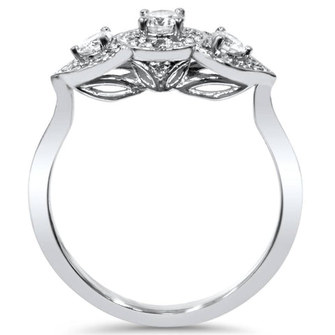 1/2ct Vintage 3 Stone Floral Petal Diamond Engagement Ring 14K White Gold