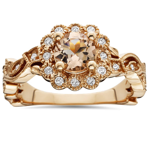 Morganite & Diamond Engagement Vintage Ring 1 Carat Antique 14K Rose Gold