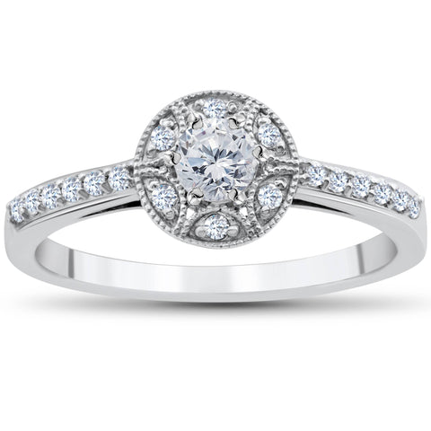 1/2 Carat Vintage Diamond Halo Solitaire Round Engagement Ring 10K White Gold