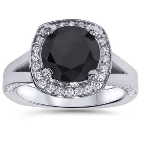 3 5/8 Ct Treated Black Diamond Halo Split Shank Engagement Ring 14K White Gold