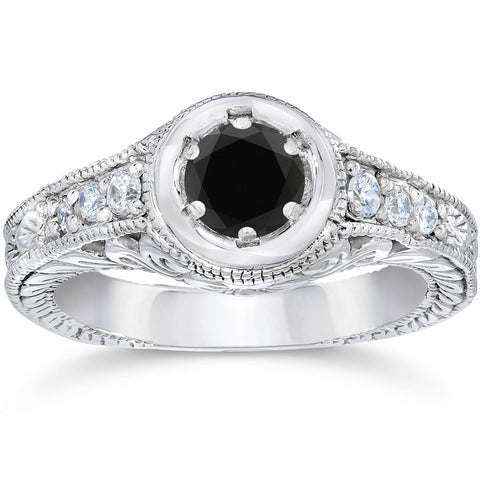 5/8ct Vintage Treated Black & White Diamond Engagement Ring 14K White Gold
