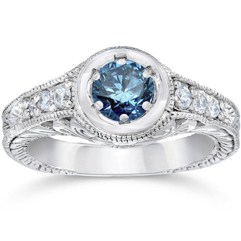 5/8ct Art Deco Treated Blue Diamond Vintage Engagement Ring 14K White Gold
