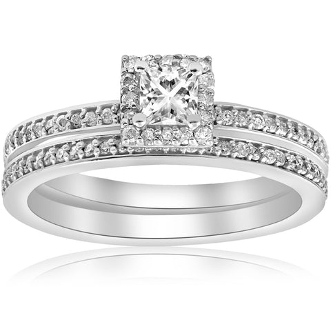 Princess Cut Diamond Engagement Matching Wedding Halo Ring Set 14k White Gold
