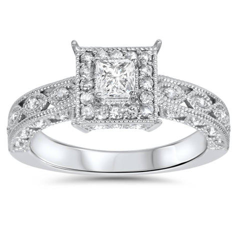 1/2ct Princess Cut Vintage Halo Real Diamond Engagement Ring White Gold