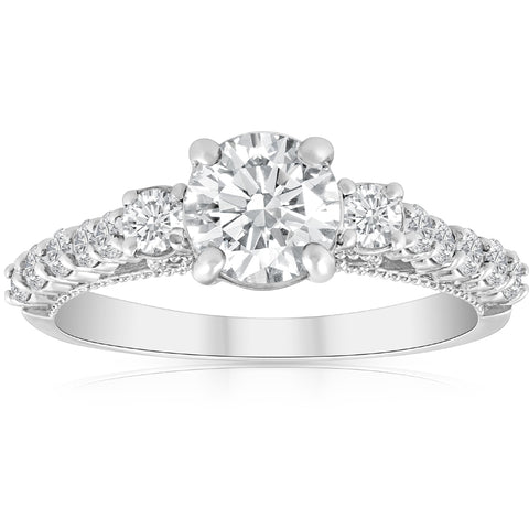 1 1/2ct Diamond Vintage Engagement Ring 14K White Gold Filigree Antique Design