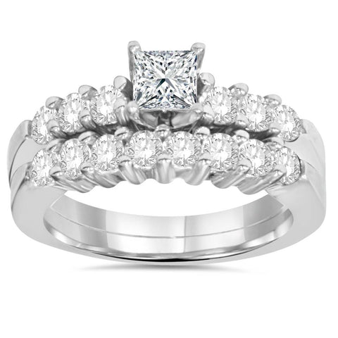 Princess Cut Diamond Engagement Ring Set 1 1/4ct Matching Wedding Bands 14k Gold
