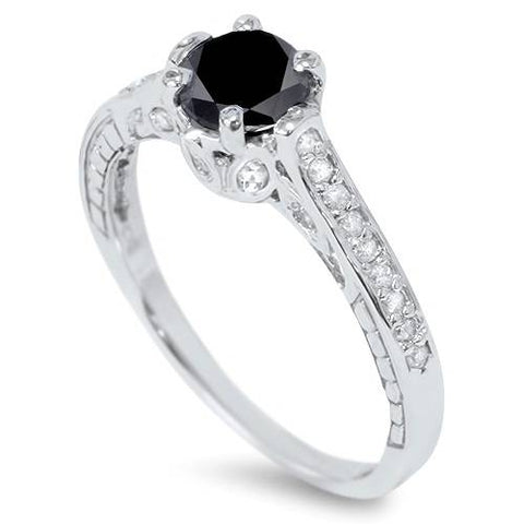 1 1/4ct Treated Vintage Black Diamond Engagement Ring 14K White Gold
