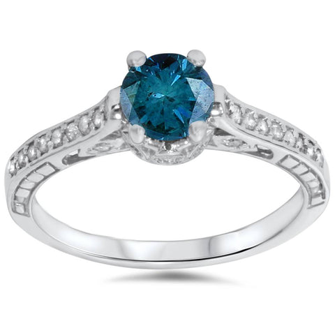 1 1/4ct Vintage Treatd Blue Diamond Engagement Ring White Gold Round Solitaire