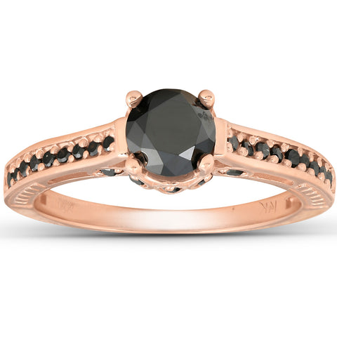 1 1/4ct Vintage Round Cut Black Diamond Engagement Ring 14K Rose Gold