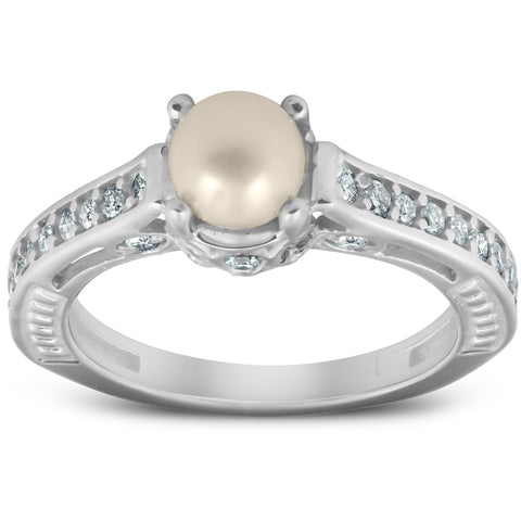 Diamond Pearl Vintage Gatsby Style Ring 14K White Gold