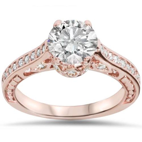 1 1/4ct Vintage Rose Gold Diamond (1ct center) Enhanced Deco Engagement Ring 14K