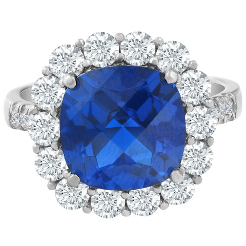 6 1/2 Ct Diamond Halo Created Sapphire Ring 10k White Gold