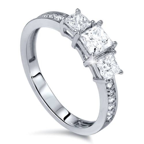 1 1/10ct Princess Cut Diamond Three Stone Engagement Ring 14K White Gold