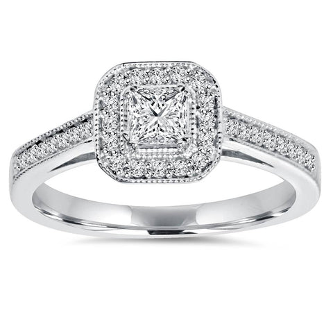 5/8ct Princess Cut Diamond Halo Engagement Ring 14k White Gold