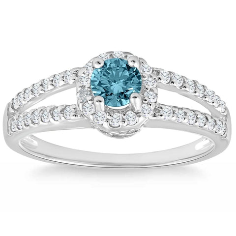 3/4ct TW Halo Split Shank Round Blue Diamond Engagement Ring 14K White Gold