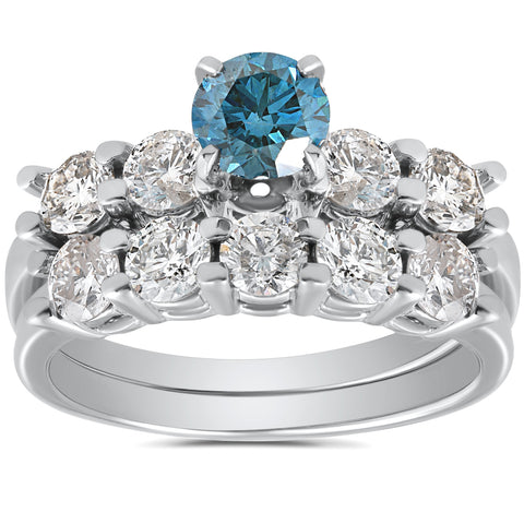 2 1/2ct Blue & White Diamond Engagement Ring Set 14K White Gold