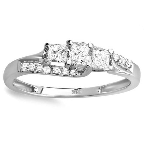 1/2ct Princess Cut Diamond 3 Stone Engagement Ring 10K White Gold
