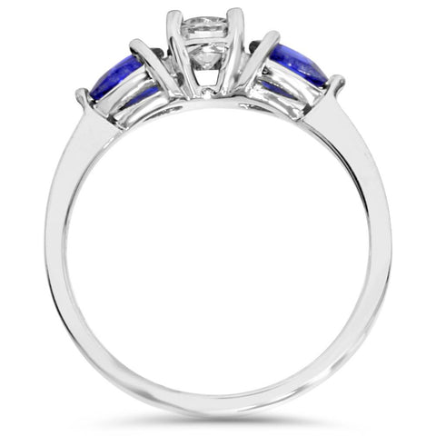 1ct 3 Stone Pear Shape Treated Blue Sapphire & Diamond Engagement Ring 14K White Gold