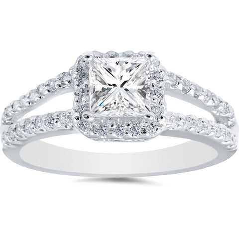 1 Ct Princess Cut Diamond Halo Engagement Ring 14k White Gold Enhanced