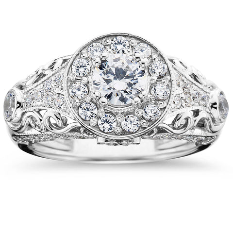 Diamond Engagement Ring 1 1/2 Carat Round Halo Solitaire 14K White Gold