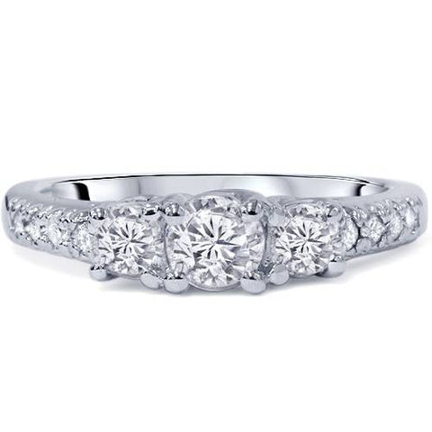1 1/6ct 3 Stone Genuine Diamond Engagement Ring 14K White Gold