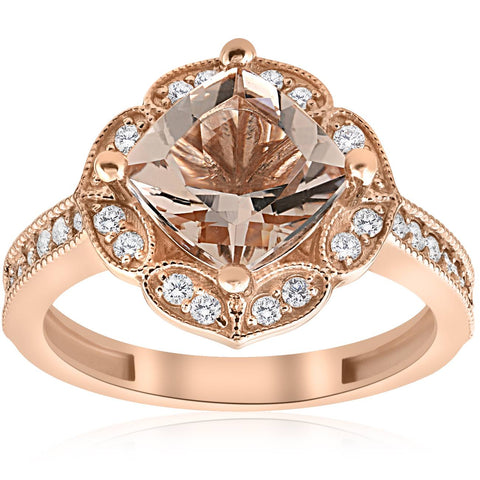 2 1/3ct TW Cushion Morganite Vintage Diamond Halo Engagement Ring 14K Rose Gold