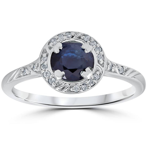 7/8ct Blue Sapphire Vintage Diamond Engagement Ring 14K White Gold