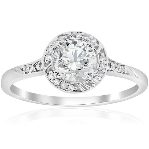 1 ct Diamond Vintage Halo 3/4ct ctr Engagement Ring Deco Design 14k White Gold