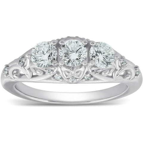 1ct Three Stone Vintage Engagement Ring 14k White Gold