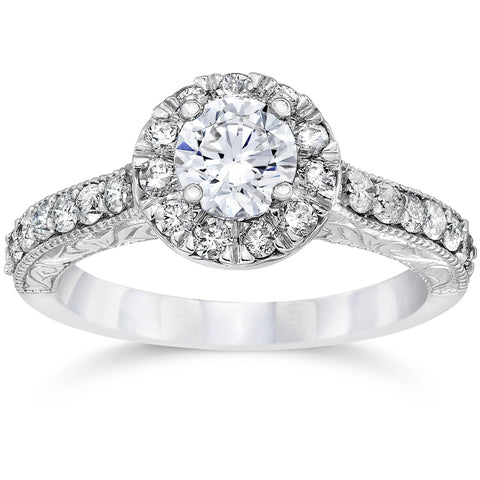 3/4ct Vintage Halo Diamond Engagement Ring 14K White Gold