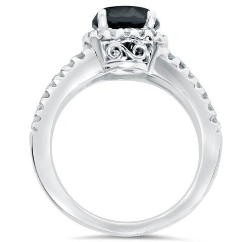 2ct Halo Split Shank Treated Black Diamond Ring 10K White Gold