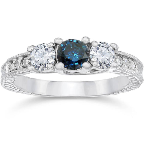 1ct Vintage Blue Diamond 3-Stone Engagement Ring 14K White Gold