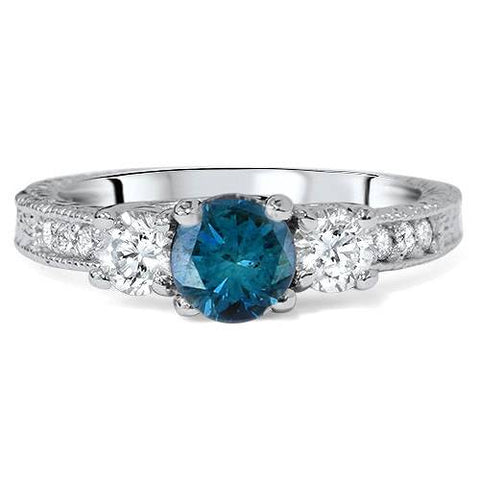 1ct Vintage Blue Diamond 3-Stone Engagement Ring 14K White Gold
