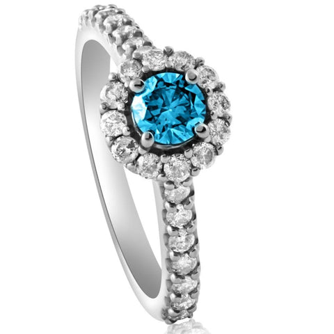 1 3/8ct Blue Diamond Halo Engagement Ring 14K White Gold
