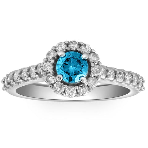 1 3/8ct Blue Diamond Halo Engagement Ring 14K White Gold