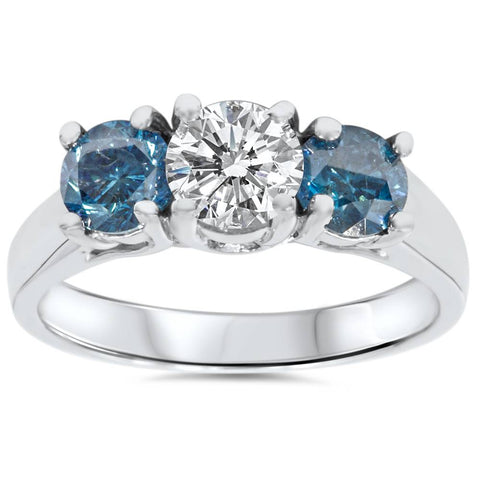1 3/4ct Treated Blue  Diamond 3 Stone Engagement 14K White Gold Ring Solitaire