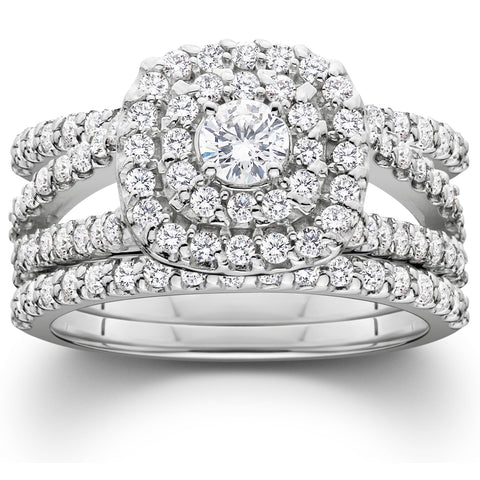 1 1/4 Ct Three Ring Diamond Cushion Halo Engagement Wedding Band Set White Gold