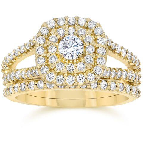 1.10Ct Cushion Halo Solitaire Diamond Engagement Wedding Ring Set Yellow Gold
