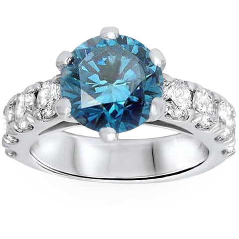 3 1/2ct Blue Lab Grown Diamond Engagement Ring 14K White Gold Round Cut