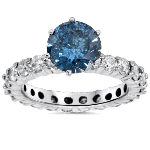 4 3/4ct Blue & White Diamond Eternity Engagement Ring 14K White Gold