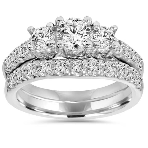 1 5/8ct Diamond Engagement 3-Stone Ring & Matching Wedding Band 14K White Gold